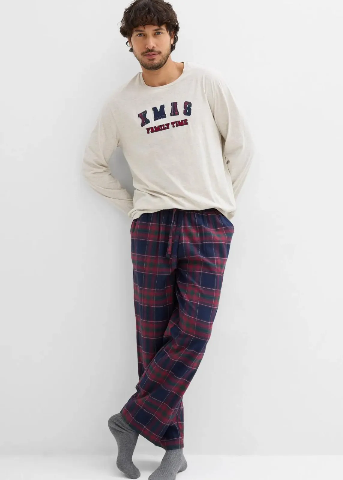 Herren Pyjama mit Flanellhose aus weicher Baumwolle und Geschenktasche|bonprix Clearance