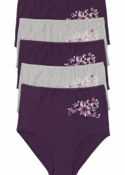 bonprix Höschen|Baumwollunterwäsche|Highwaist Slip (5er Pack) dunkellila + hellgrau meliert