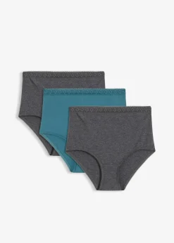 bonprix Höschen|Baumwollunterwäsche|Highwaist Slip mit Baumwolle (3er Pack) anthrazit meliert + pfeffergrün