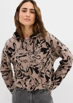 bonprix Sweat|Hoodie aus reiner Baumwolle beige/schwarz bedruckt