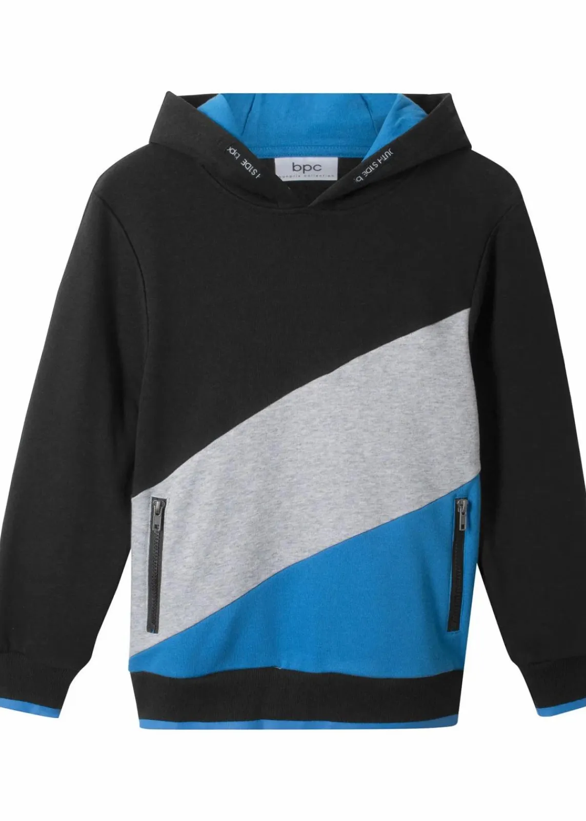 bonprix Jungen 9-16 Jahre·Sweat & Strick|Jungen 9-16 Jahre·Bademode|Hoodie aus reiner Bio-Baumwolle schwarz/hellgrau meliert/gletscherblau bedruckt