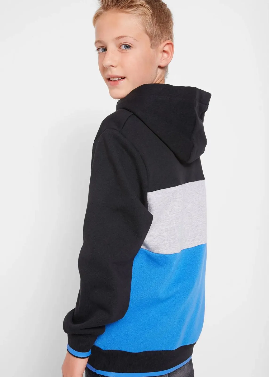bonprix Jungen 9-16 Jahre·Sweat & Strick|Jungen 9-16 Jahre·Bademode|Hoodie aus reiner Bio-Baumwolle schwarz/hellgrau meliert/gletscherblau bedruckt