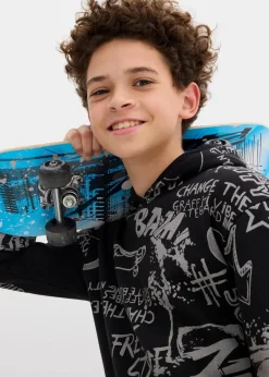 bonprix Jungen 9-16 Jahre·Sweat & Strick|Jungen 2-8 Jahre·Nachhaltigere Materialien|Hoodie aus weichem Baumwoll-Mix schwarz graphisch bedruckt