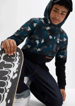 bonprix Jungen 9-16 Jahre·Sweat & Strick|Jungen 2-8 Jahre·Nachhaltigere Materialien|Hoodie mit Bio-Baumwolle schwarz/grau meliert graphisch bedruckt