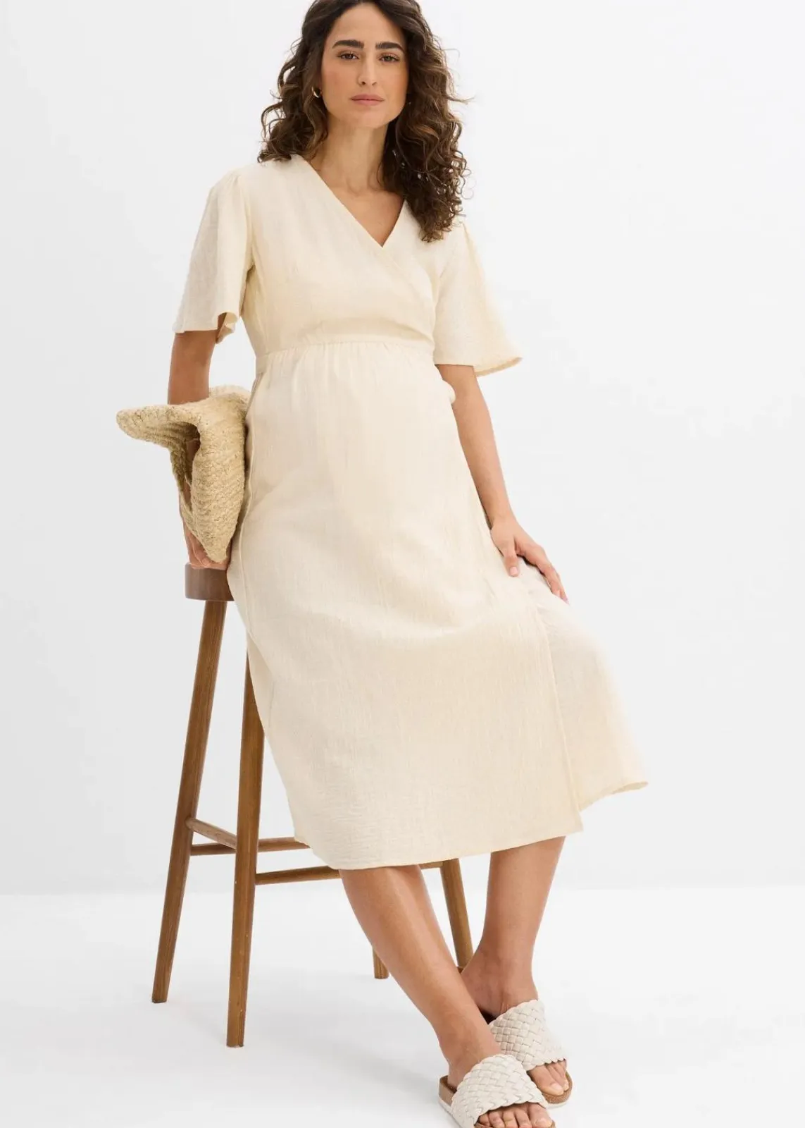 bonprix Bekleidung·Blazer|Umstandsmode|2-in-1 Umstands- und Stillkleid aus Baumwoll-Musselin kieselbeige