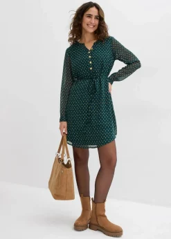 bonprix Bekleidung·Blazer|Umstandsmode|2-in-1 Umstands- und Stillkleid aus Chiffon tiefgrün/gold gepunktet