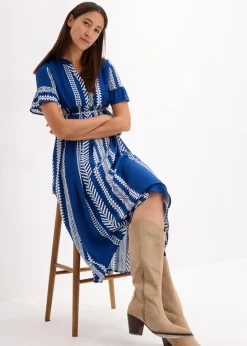 bonprix Bekleidung·Blazer|Umstandsmode|2-in-1 Umstands- und Stillkleid aus fließender Viskose weiß / königsblau graphisch bedruckt