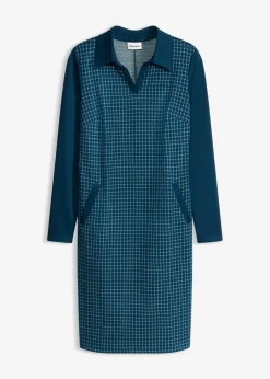 bonprix Bekleidung·Pullover & Strickjacken|Kleider|Jacquard Kleid mit Kontrastkragen blaupetrol/perlweiß kariert