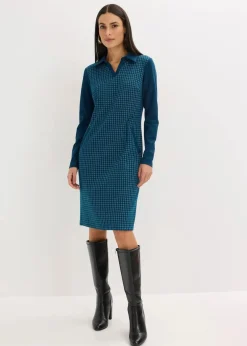 bonprix Bekleidung·Pullover & Strickjacken|Kleider|Jacquard Kleid mit Kontrastkragen blaupetrol/perlweiß kariert