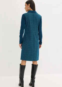 bonprix Bekleidung·Pullover & Strickjacken|Kleider|Jacquard Kleid mit Kontrastkragen blaupetrol/perlweiß kariert