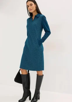bonprix Bekleidung·Pullover & Strickjacken|Kleider|Jacquard Kleid mit Kontrastkragen blaupetrol/perlweiß kariert
