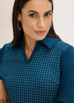 bonprix Bekleidung·Pullover & Strickjacken|Kleider|Jacquard Kleid mit Kontrastkragen blaupetrol/perlweiß kariert