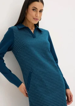 bonprix Bekleidung·Pullover & Strickjacken|Kleider|Jacquard Kleid mit Kontrastkragen blaupetrol/perlweiß kariert
