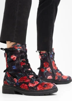 Jana High Heels|Komfortschuhe|Schnürboots in bequemer Weite schwarz/rot geblümt