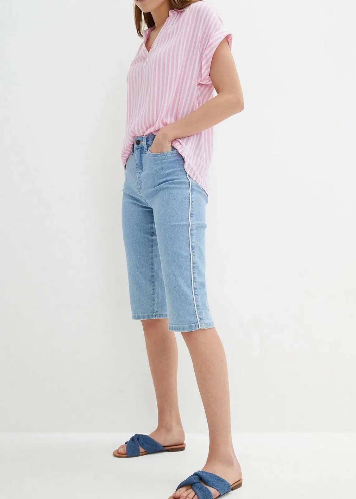 bonprix Jeans|Shorts|Jeans Bermuda Slim Fit High Waist eisblau denim used