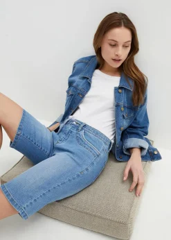 bonprix Bekleidung·Outdoorbekleidung|Bekleidung·Shirts & Tops|Jeans Bermuda Slim Fit Mid Waist mittelblau denim used