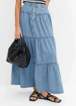 Jeans Stufenrock mit Knopfleiste|bonprix Discount