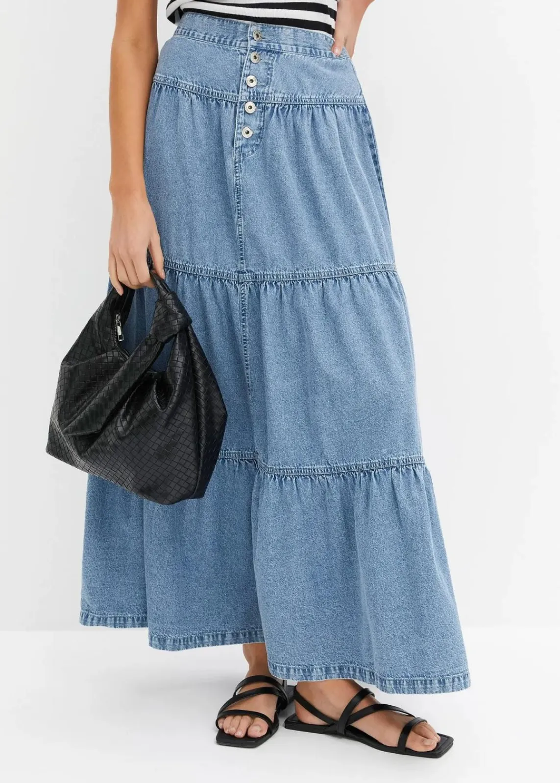 Jeans Stufenrock mit Knopfleiste|bonprix Discount