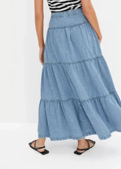 Jeans Stufenrock mit Knopfleiste|bonprix Discount