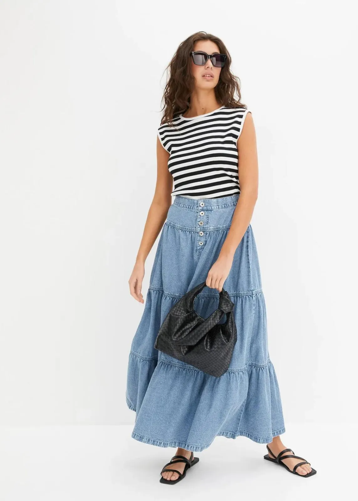 Jeans Stufenrock mit Knopfleiste|bonprix Discount