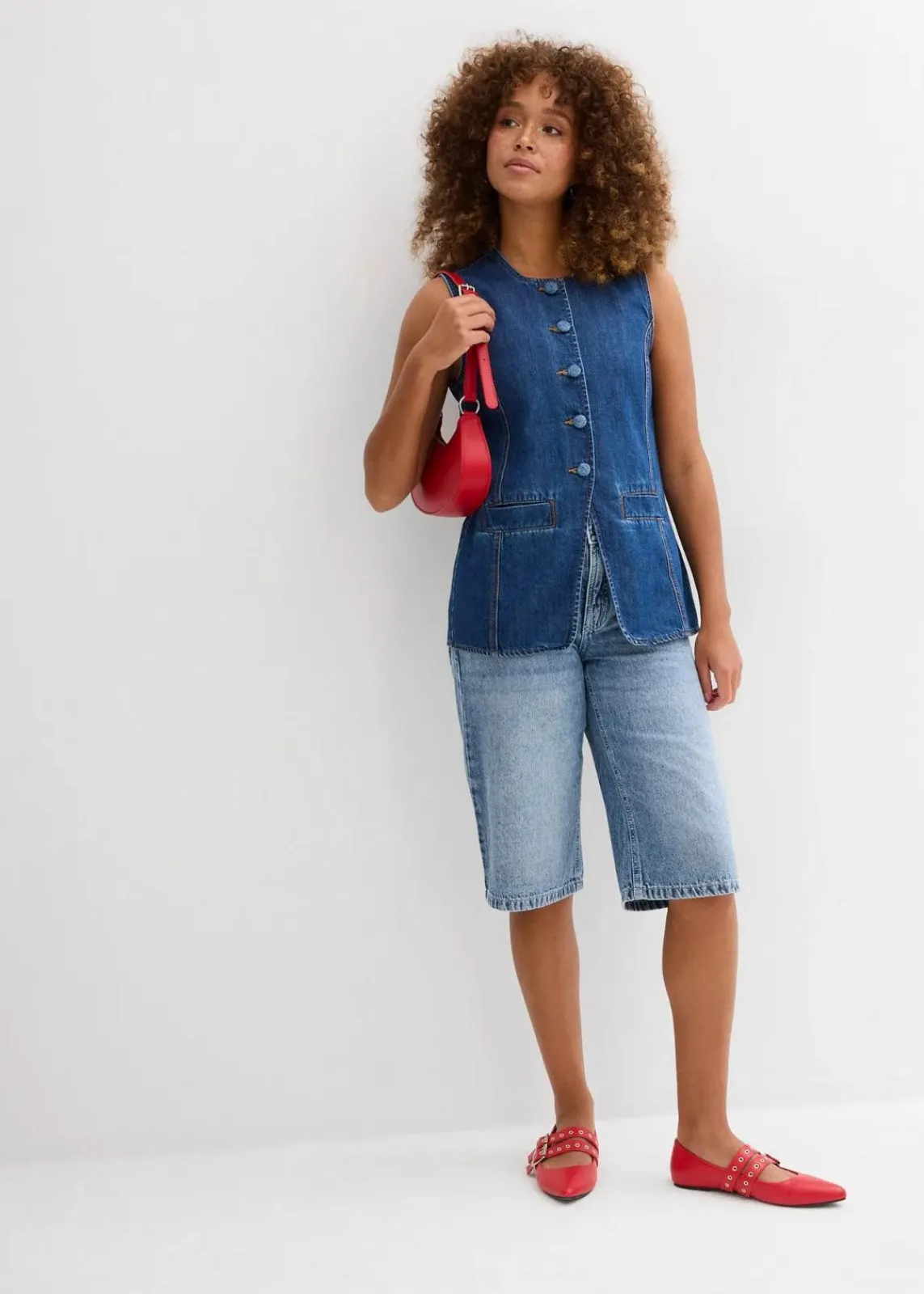 bonprix Bekleidung·Outdoorbekleidung|Bekleidung·Shirts & Tops|Jeans-Bermuda Mid Waist, Low Stretch blau denim used