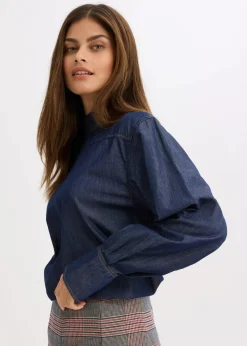 bonprix Bekleidung·Jacken & Mäntel|Blusen & Tuniken|Jeansbluse mit hohen Manschetten tiefblau denim ungewaschen