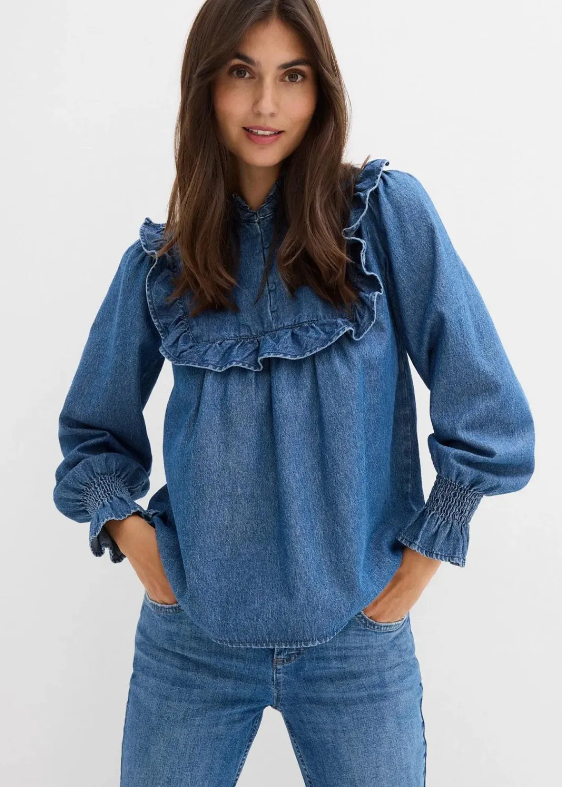 Jeansbluse mit Rüschen|bonprix Online