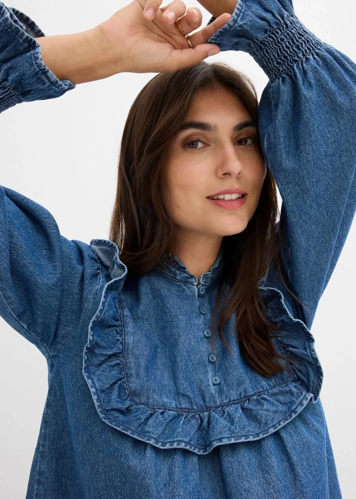 Jeansbluse mit Rüschen|bonprix Online