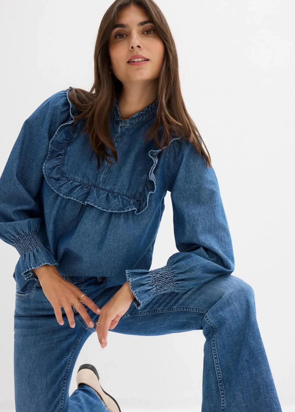 Jeansbluse mit Rüschen|bonprix Online