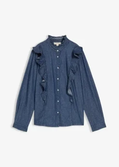 bonprix Bekleidung·Jacken & Mäntel|Blusen & Tuniken|Jeansbluse mit Volants, aus reiner Baumwolle dunkelblau denim