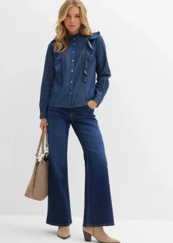 bonprix Bekleidung·Jacken & Mäntel|Blusen & Tuniken|Jeansbluse mit Volants, aus reiner Baumwolle dunkelblau denim