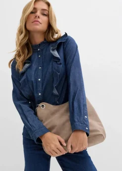 bonprix Bekleidung·Jacken & Mäntel|Blusen & Tuniken|Jeansbluse mit Volants, aus reiner Baumwolle dunkelblau denim