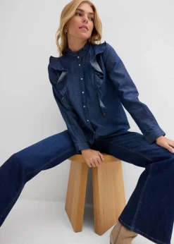 bonprix Bekleidung·Jacken & Mäntel|Blusen & Tuniken|Jeansbluse mit Volants, aus reiner Baumwolle dunkelblau denim