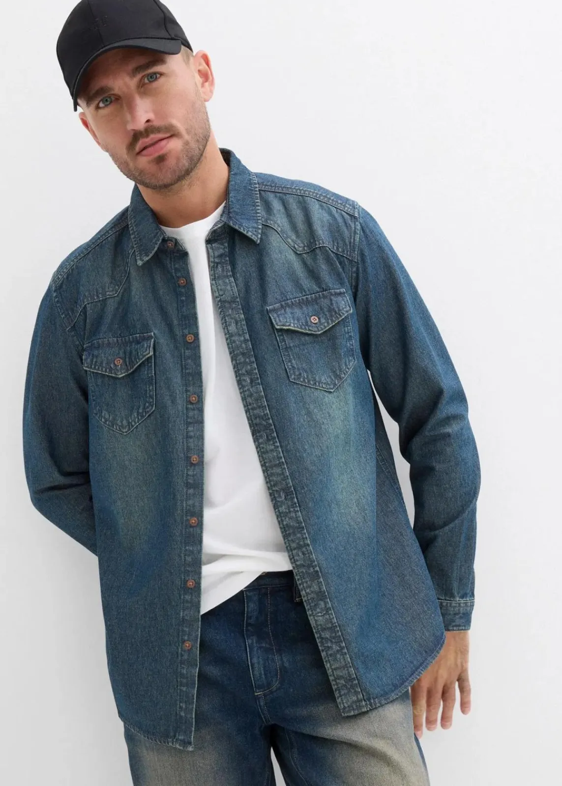 bonprix Große Größen|Hemden|Jeanshemd, Langarm aus reiner Baumwolle blau dirty denim used