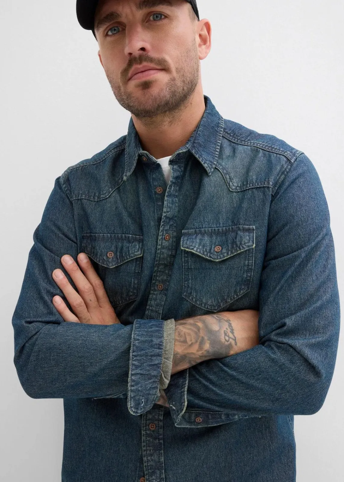 bonprix Große Größen|Hemden|Jeanshemd, Langarm aus reiner Baumwolle blau dirty denim used