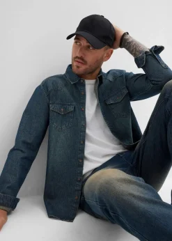 bonprix Große Größen|Hemden|Jeanshemd, Langarm aus reiner Baumwolle blau dirty denim used