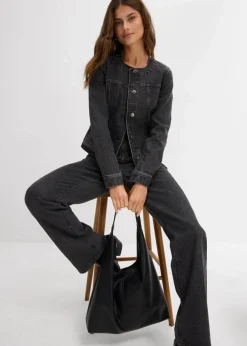 bonprix Bekleidung·Hosen|Jacken & Mäntel|Jeansjacke mit Strass dunkelgrau denim