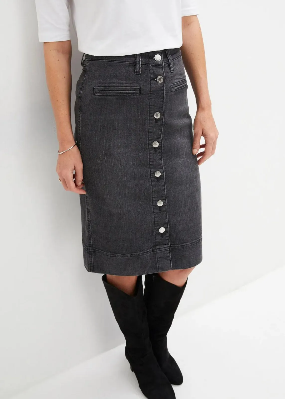 bonprix Röcke|Bekleidung·Sportbekleidung|Jeansrock Mid Waist, Stretch schwarz denim