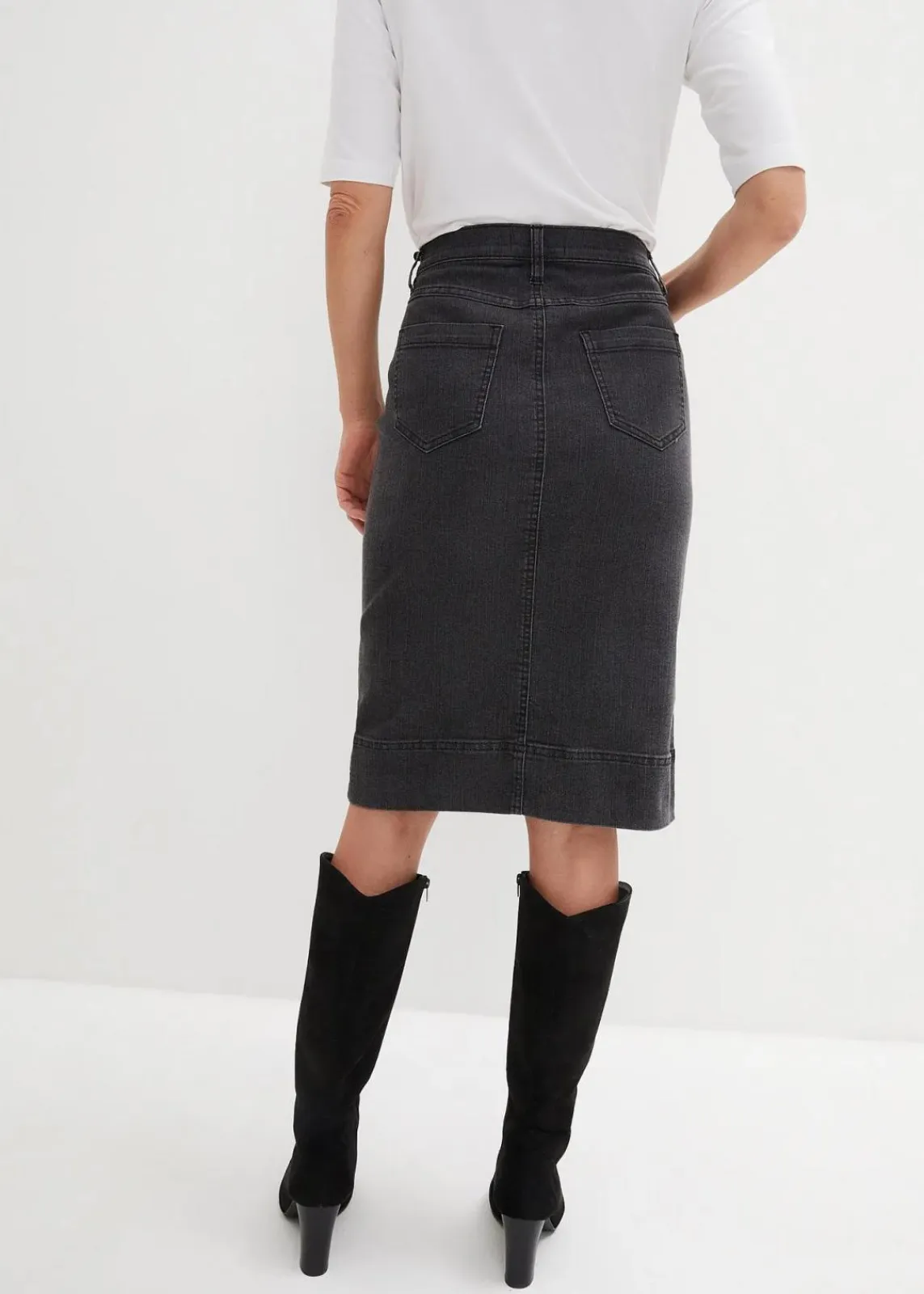 bonprix Röcke|Bekleidung·Sportbekleidung|Jeansrock Mid Waist, Stretch schwarz denim