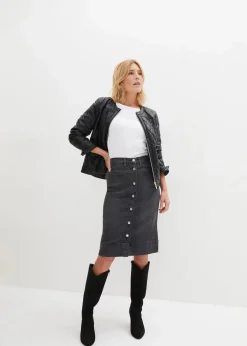 bonprix Röcke|Bekleidung·Sportbekleidung|Jeansrock Mid Waist, Stretch schwarz denim