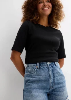 bonprix Bekleidung·Outdoorbekleidung|Bekleidung·Shirts & Tops|Jeans-Shorts High Waist, Low Stretch blau denim used