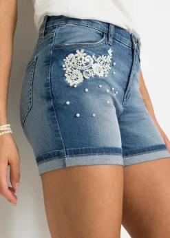 bonprix Bekleidung·Outdoorbekleidung|Bekleidung·Shirts & Tops|Jeansshorts Mid Waist mit Verzierung blau denim
