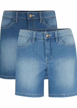 bonprix Bekleidung·Outdoorbekleidung|Bekleidung·Shirts & Tops|Jeansshorts Slim Fit Mid Waist, 2er Pack hellblau+blau used