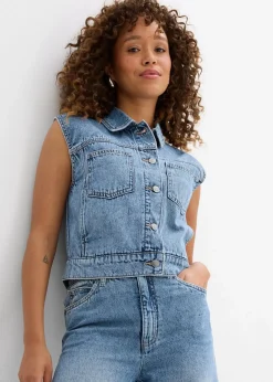 bonprix Bekleidung·Hosen|Jacken & Mäntel|Jeansweste aus Baumwolle hellblau denim used