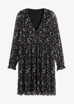 bonprix Bekleidung·Pullover & Strickjacken|Kleider|Jersey Kleid aus Mesh schwarz geblümt