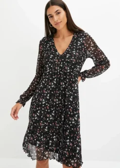 bonprix Bekleidung·Pullover & Strickjacken|Kleider|Jersey Kleid aus Mesh schwarz geblümt