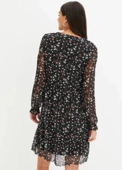 bonprix Bekleidung·Pullover & Strickjacken|Kleider|Jersey Kleid aus Mesh schwarz geblümt