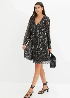 bonprix Bekleidung·Pullover & Strickjacken|Kleider|Jersey Kleid aus Mesh schwarz geblümt