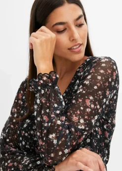 bonprix Bekleidung·Pullover & Strickjacken|Kleider|Jersey Kleid aus Mesh schwarz geblümt