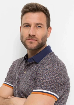 bonprix Große Größen|Shirts & Polos|Jersey Poloshirt aus reiner Bio-Baumwolle, Kurzarm blau graphisch bedruckt